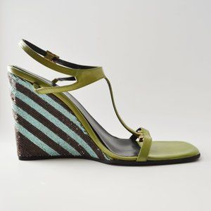 Gucci Tropical Stripe Sequined Wedge Sandals 7.5